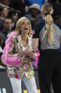 LSU coach Kim Mulkey argues a call during during the second half of the team's Sweet 16 college basketball game against Utah in the women's NCAA Tournament in Greenville, S.C., Friday, March 24, 2023. (AP Photo/Mic Smith)