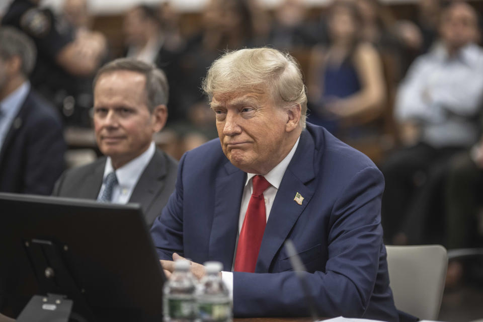 Former President Donald Trump appears in court for a civil fraud case at a Manhattan courthouse, in New York, Tuesday, Oct. 3, 2023. (Dave Sanders/Pool Photo via AP)