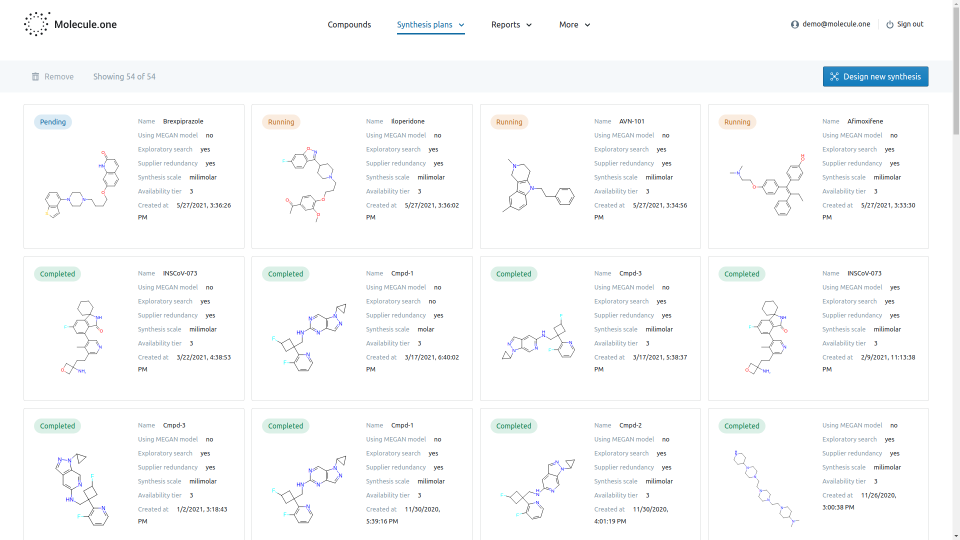 Screenshot of the Molecule.one interface, showing chemical structures.