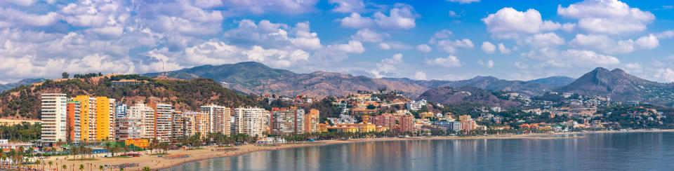 Malaga, Spain resort skyline panorama at Malagueta Beach.