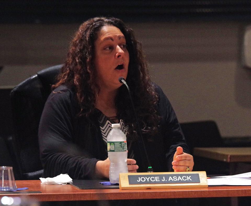 Joyce Asack, Brockton School Committee member, Ward 6, speaks at a meeting at Brockton High School, Thursday, Sept. 14, 2023.