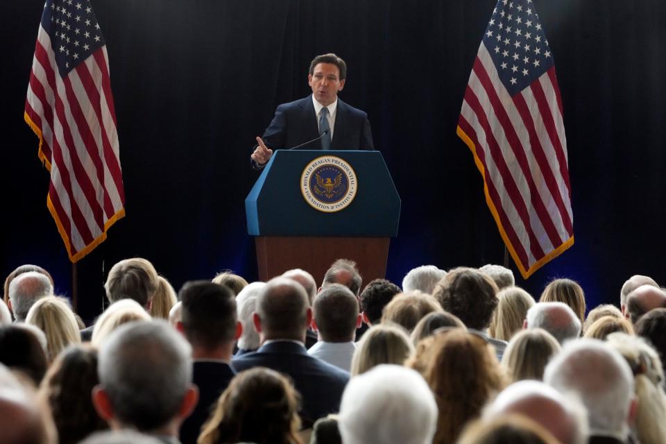 Florida Republican Gov. Ron DeSantis speaks at the Ronald Reagan Presidential Library in Simi Valley, Calif., on March 5, 2023.