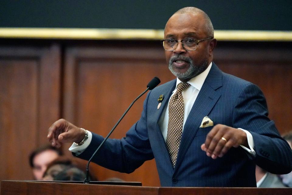 Rep. Robert Johnson, D-Natchez, speaks in support of one of his amendments to legislation regarding the Capitol Complex Improvement District, Tuesday, Feb. 7, 2023, at the Mississippi Capitol, in Jackson. His amendments were voted down. (AP Photo/Rogelio V. Solis)