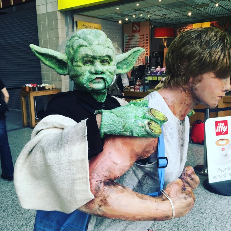 <p>Look closely at this one. The man in the costume is actually Yoda, who walked behind a prosthetic Luke Skywalker.</p>