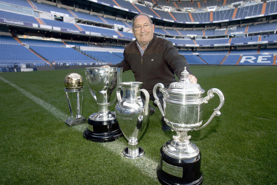 MADRID, SPAIN - DECEMBER 05: Real Madrid's legendary player Paco Gento poses with trophies during his interview with Real Madrid TV at Santiago Bernabeu's stadium on December 5, 2007 in Madrid, Spain  (Photo by David R. Anchuelo/Real Madrid via Getty Images)