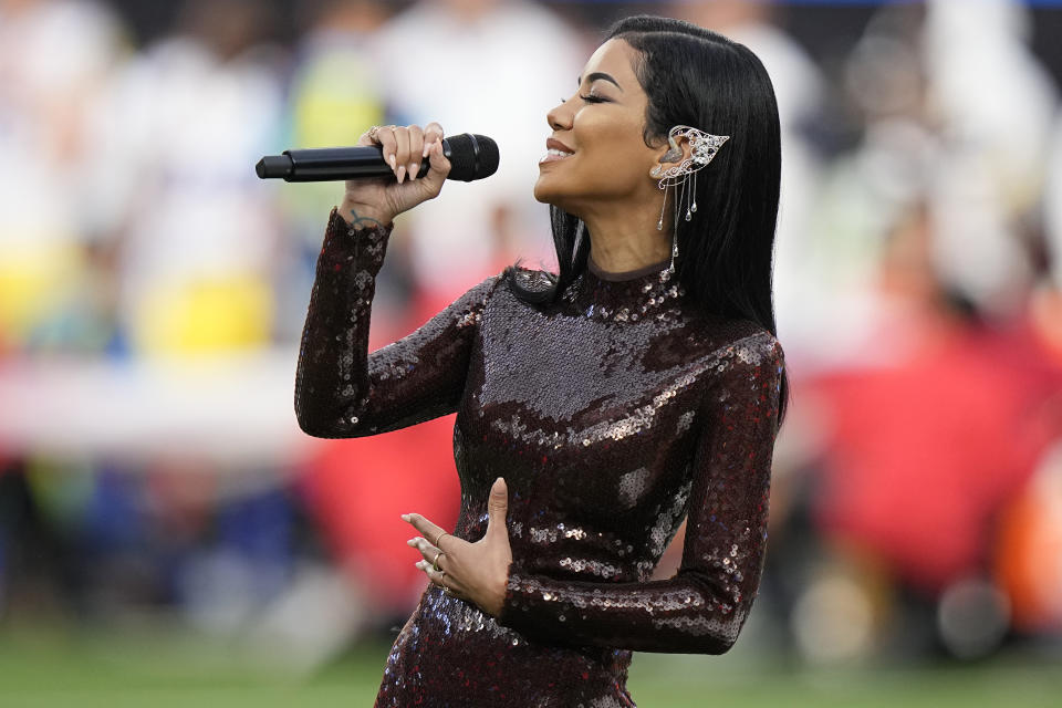 Jhené Aiko performs "America the Beautiful" before the NFL Super Bowl 56 football game between the Los Angeles Rams and the Cincinnati Bengals Sunday, Feb. 13, 2022, in Inglewood, Calif. (AP Photo/Lynne Sladky)