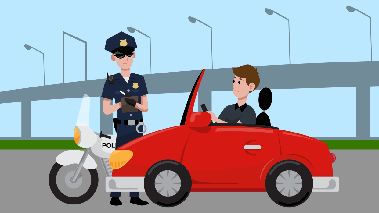  Illustration of a man in car being pulled over by police. 