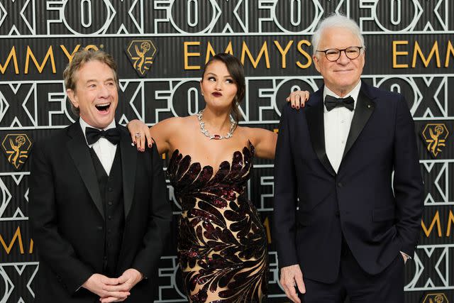 <p>Neilson Barnard/Getty </p> Martin Short, Selena Gomez and Steve Martin in Los Angeles in January 2024