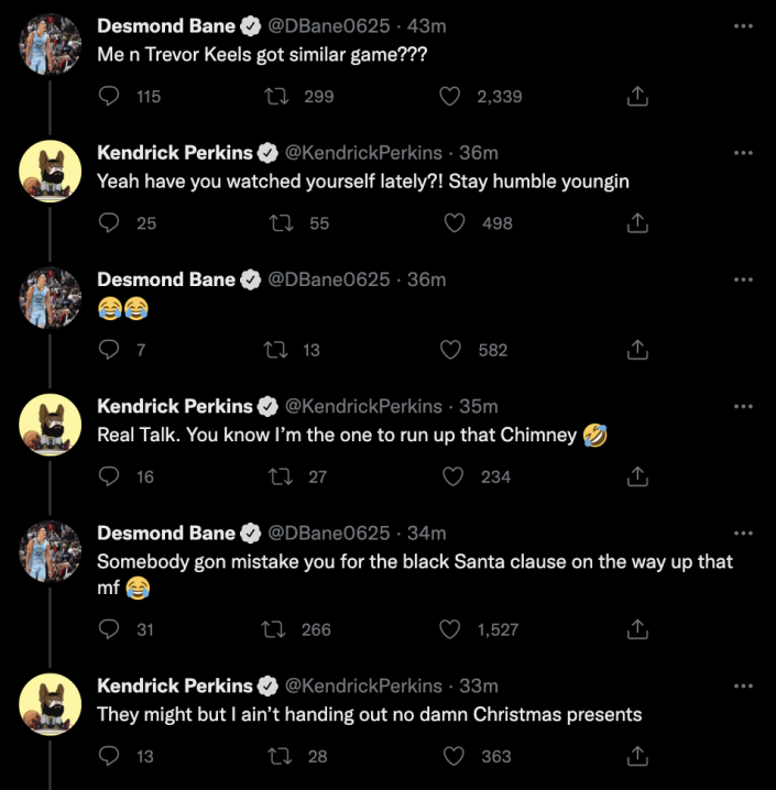 Screengrab of tweets from Desmond Bane and Kendrick Perkins during the 2022 NBA draft. (Twitter)