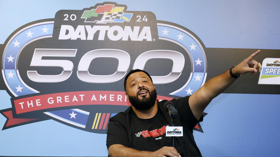 Daytona 500 honorary starter DJ Khaled gestures after the NASCAR Daytona 500 auto race was postponed Sunday, Feb. 18, 2024, at Daytona International Speedway in Daytona Beach, Fla. (AP Photo/Terry Renna)