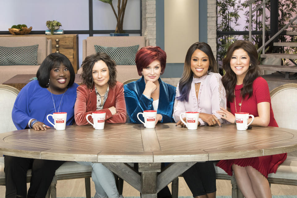 The ladies of The Talk on the CBS Television Network. From left, Sheryl Underwood, Sara Gilbert, Sharon Osbourne, Eve and Julie Chen, shown. (Photo by Sonja Flemming/CBS via Getty Images) 