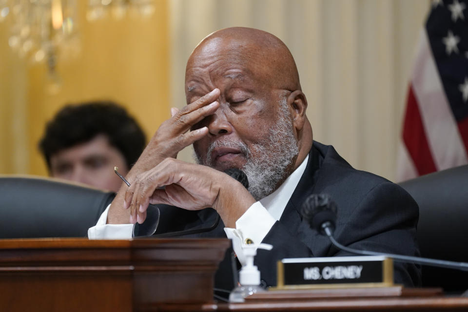 Chairman Bennie Thompson, D-Miss., wipes his eye as the House select committee investigating the Jan. 6 attack on the U.S. Capitol continues to reveal its findings of a year-long investigation, at the Capitol in Washington, Thursday, June 23, 2022. (AP Photo/J. Scott Applewhite)