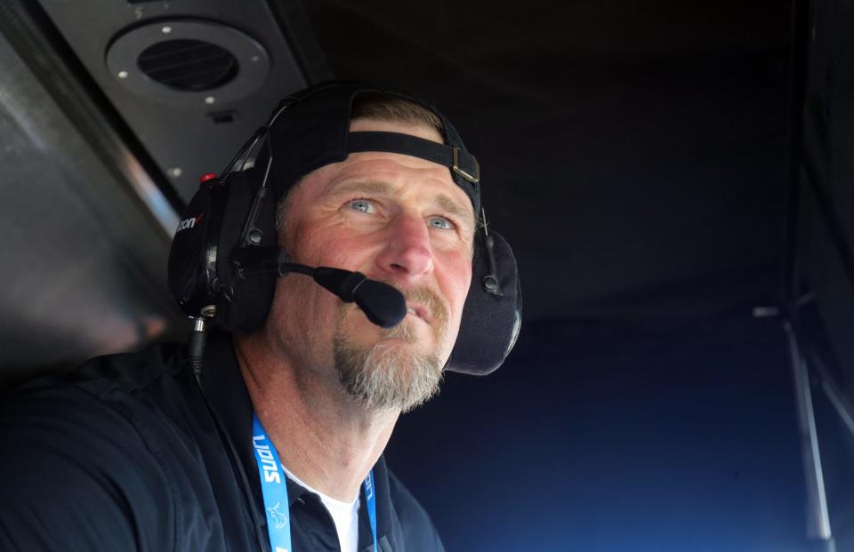 Detroit Lions head coach Dan Campbell watches  NTT Indycar Series qualifying for Dual 1 at the Chevrolet Detroit Grand Prix Saturday, June 12, 2021, on Belle Isle in Detroit .