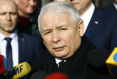 Law and Justice (PiS) party leader Jaroslaw Kaczynski speaks to media after meeting with Britain's Prime Minister David Cameron (not pictured) at a hotel in Warsaw, Poland February 5, 2016. REUTERS/Kacper Pempel