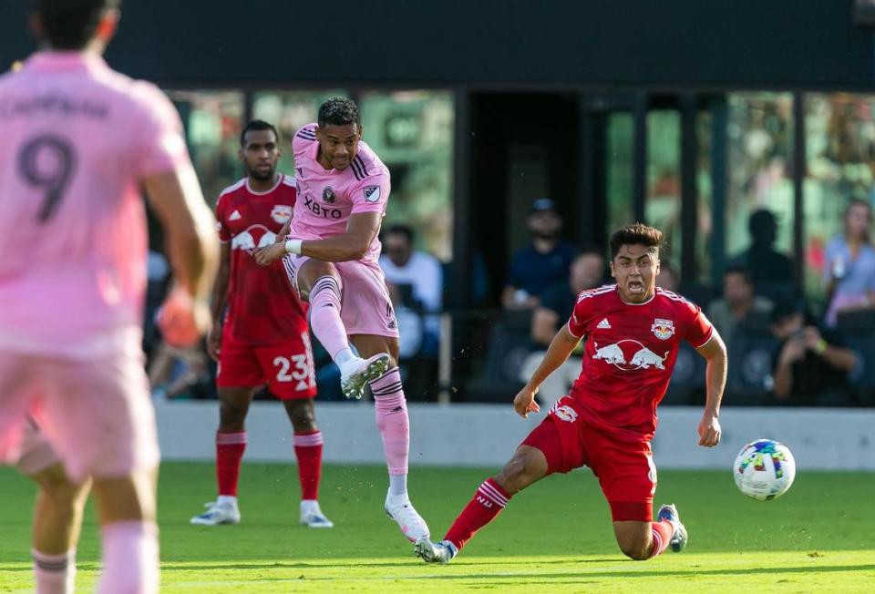 Inter Miami forward Ariel Lassiter (11) scores a goal against the New York Red Bulls during the first half of their MLS soccer match at DRV PNK Stadium on Sunday, May 22, 2022, in Fort Lauderdale, Florida.