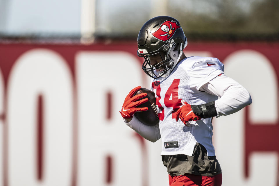 Tampa Bay Buccaneers tight end Cameron Brate during NFL football practice, Wednesday, Feb. 3, 2021 in Tampa, Fla. The Buccaneers will face the Kansas City Chiefs in Super Bowl 55. (Kyle Zedaker/Tampa Bay Buccaneers via AP)