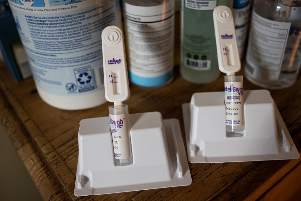 Two lines on a rapid at-home Covid-19 test indicate a positive result on Dec. 24, 2021, in Brooklyn, N.Y. (Andrew Lichtenstein / Corbis via Getty Images file)