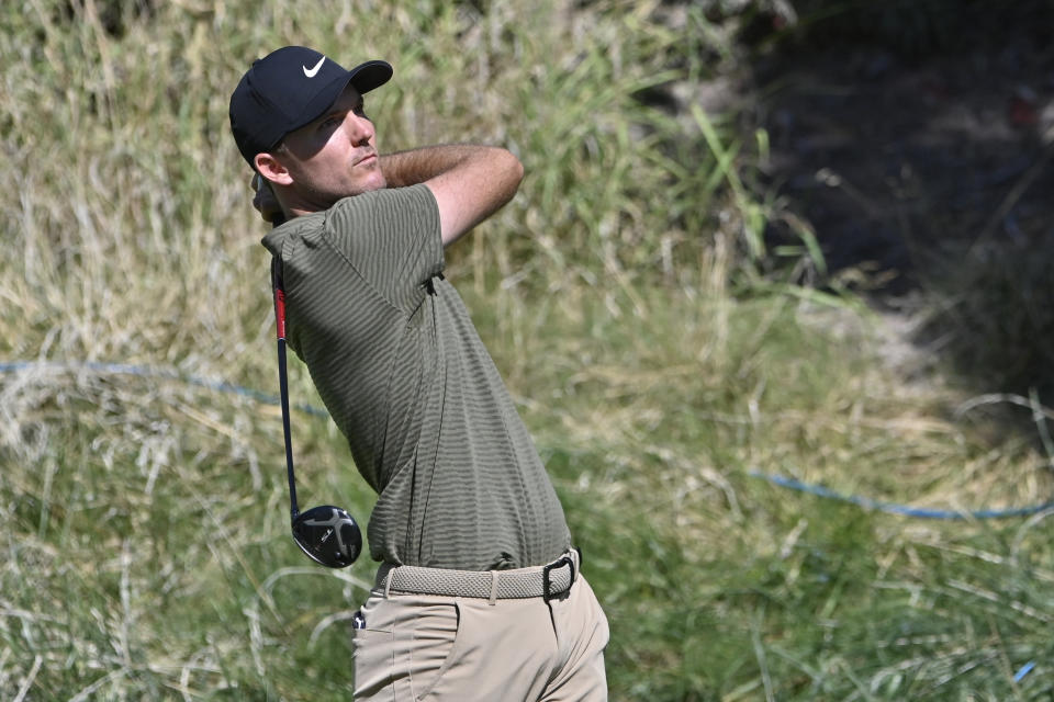 Russell Henley makes his tee shot on the second hole during the final round of the CJ Cup golf tournament at Shadow Creek Golf Course Sunday, Oct. 18, 2020, in North Las Vegas. (AP Photo/David Becker)