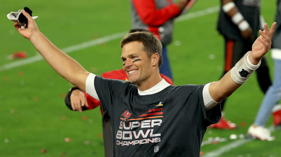 Tom Brady celebrates after guiding the Tampa Bay Buccaneers to Super Bowl victory over Kansas City. (Photo by Mike Ehrmann/Getty Images)