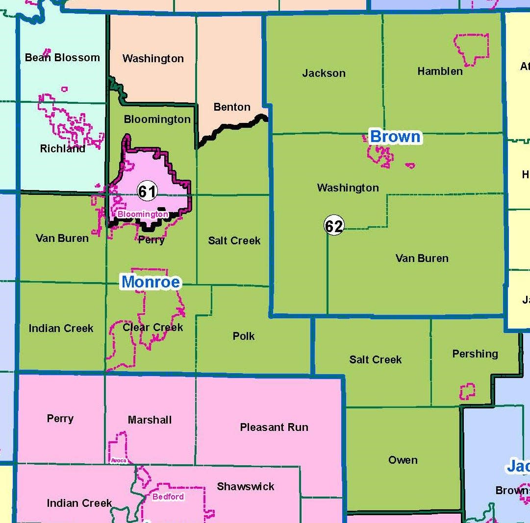 The new Indiana House District 62 is seen in green. It includes parts of Monroe and Jackson counties and all of Brown County.