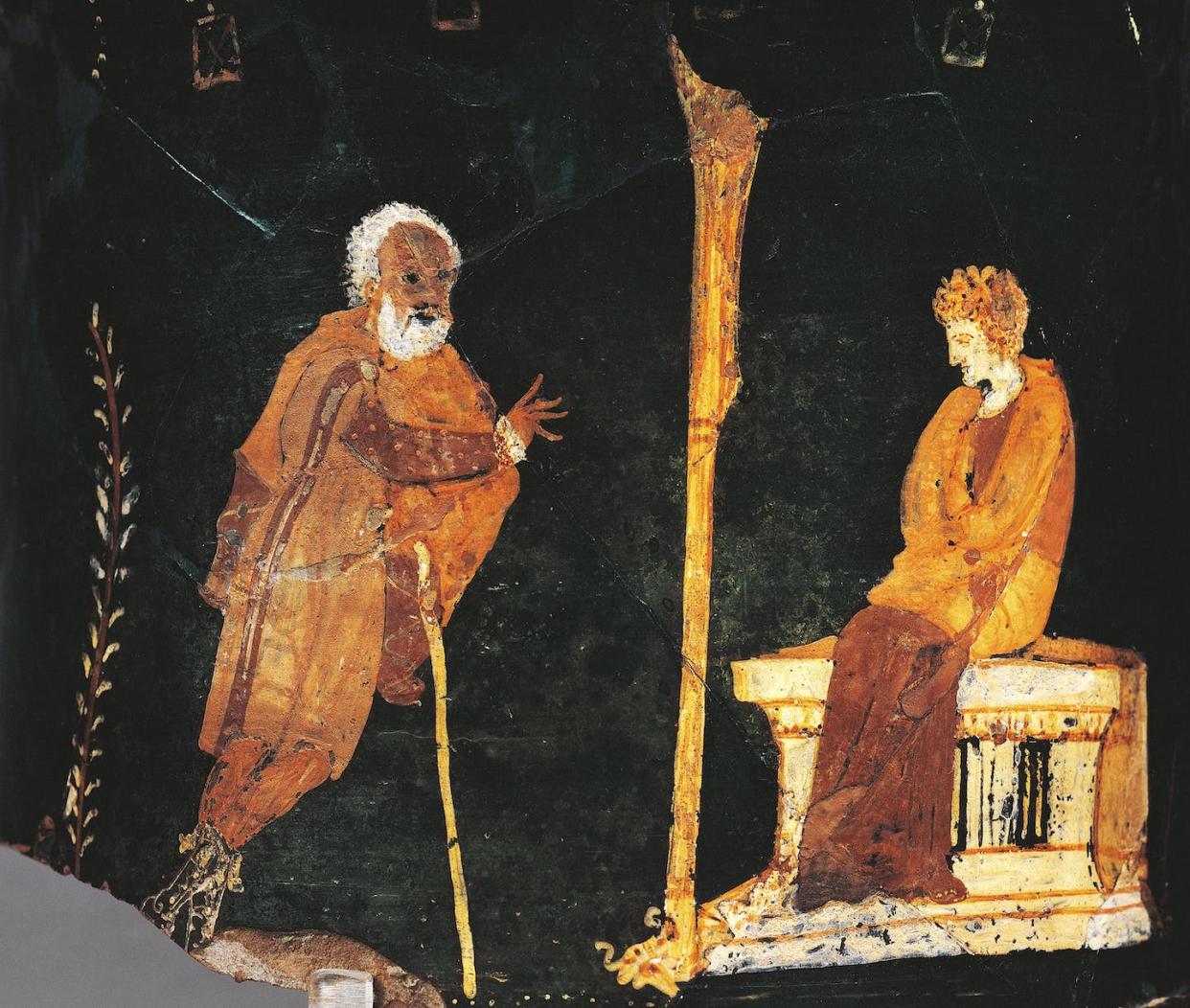 A vase from ancient Greek civilization depicts Apollo consulting the oracle of Delphi. <a href="https://www.gettyimages.com/detail/news-photo/fragment-of-a-vase-depicting-apollo-consulting-pythia-the-news-photo/143053002?adppopup=true" rel="nofollow noopener" target="_blank" data-ylk="slk:G. Dagli Orti/DeAgostini Collection via Getty Images;elm:context_link;itc:0;sec:content-canvas" class="link ">G. Dagli Orti/DeAgostini Collection via Getty Images</a>