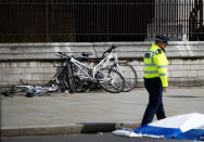 Bicycles lie on the ground at the scene after a car crashed outside the Houses of Parliament in Westminster, London. REUTERS/Henry Nicholls