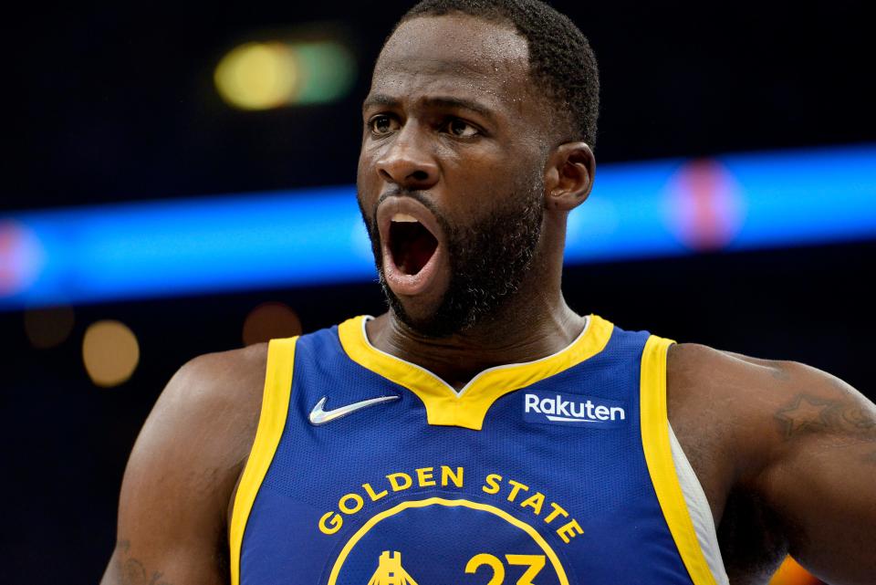 Golden State Warriors forward Draymond Green reacts in the first half during Game 1 of a second-round series against the Memphis Grizzlies.