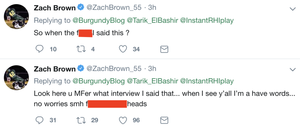 Zach Brown continued to respond to Burgundy Blog about his quote. (Screengrab via Twitter)