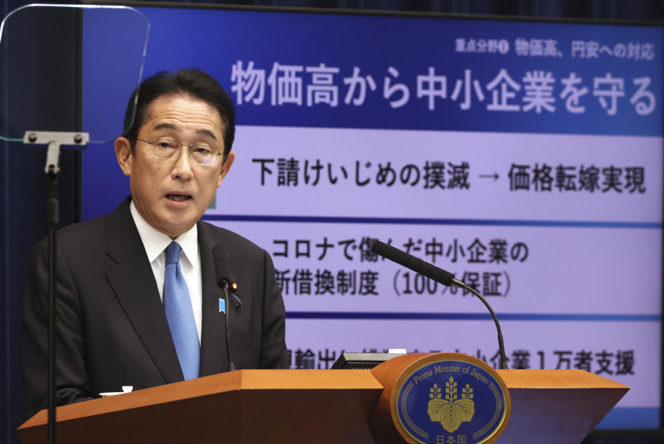 Japanese Prime Minister Fumio Kishida speaks during a news conference at his official residence in Tokyo, Friday Oct. 28, 2022. Kishida’s government approved Friday a hefty economic package that will include government funding of about 29 trillion yen ($200 billion) to soften the burden of costs from rising utility rates and food prices. (Yoshikazu Tsuno/Pool Photo via AP)