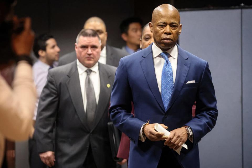 <div class="inline-image__caption"><p>Mayor Eric Adams arrives for a news conference at 1 Police Plaza in New York City on April 18, 2023.</p></div> <div class="inline-image__credit">Brendan McDermid/Reuters</div>