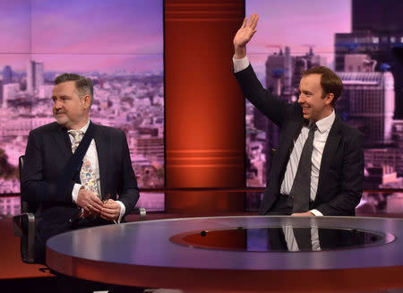 Britain's Secretary of State for Digital, Culture, Media and Sport, Matt Hancock, and Labour Party Shadow International Trade Secretary, Barry Gardiner, appear on the BBC's Marr Show in London, Britain, May 20, 2018. Jeff Overs/BBC/Handout via REUTERS