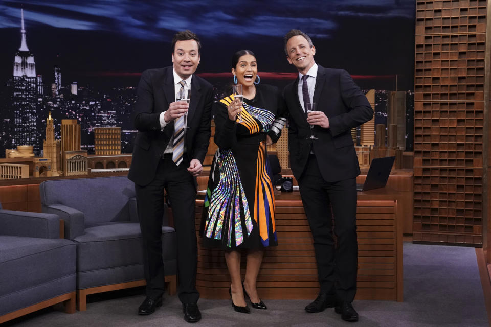 Lilly Singh (center), with fellow NBC hosts Jimmy Fallon (left) and Seth Meyers (right). (Photo: NBC via Getty Images)