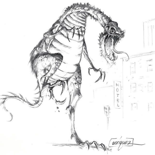 Thom Enriquez’s sketch for ginormous version of Ray’s pet lizard, supersized for a NYC attack (via ‘Ghostbusters: The Ultimate Visual History’)