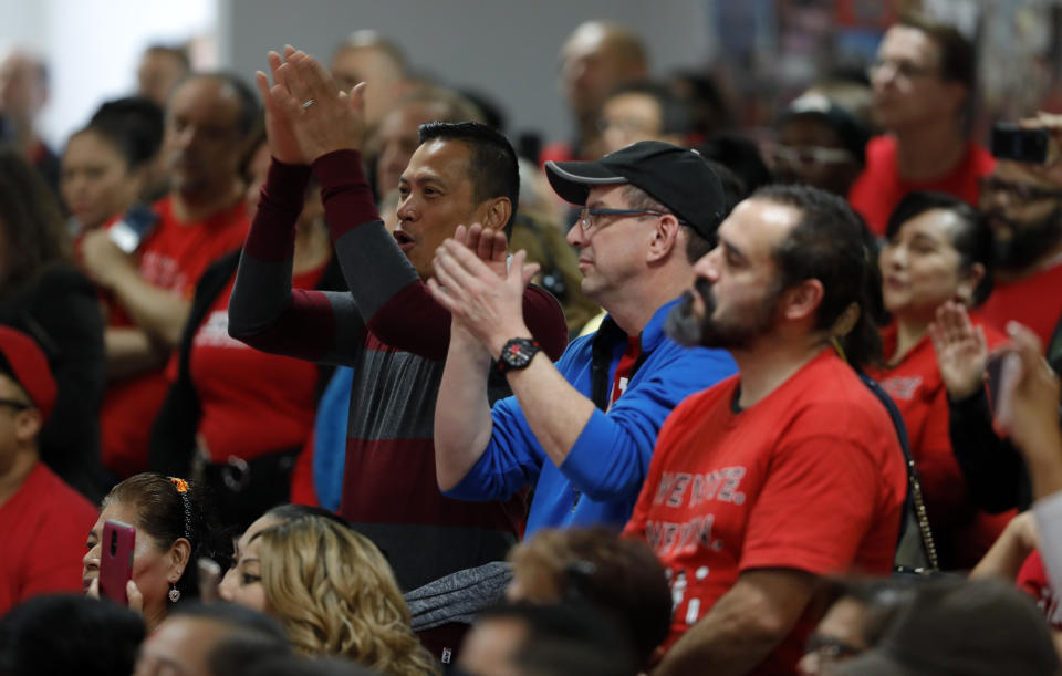 Union members applaud Democratic presidential candidate and former Vice President Joe Biden during town hall meeting at the Culinary Union, Local 226, headquarters in Las Vegas Wednesday, Dec. 11, 2019. (Steve Marcus/Las Vegas Sun via AP)