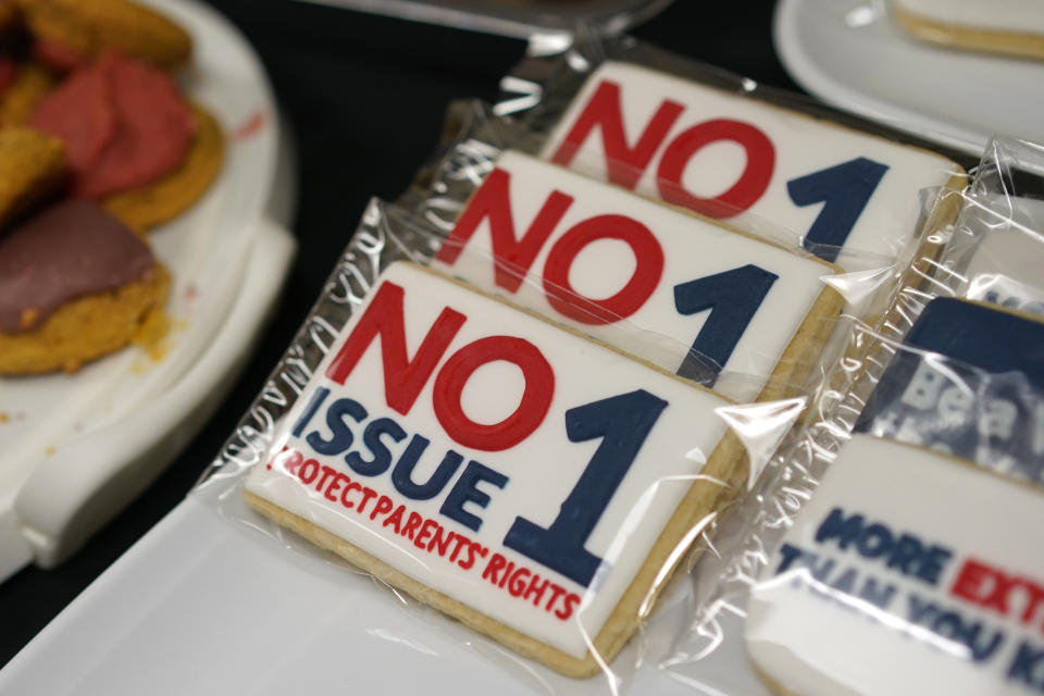 "NO Issue 1" cookies are displayed on the snack table during a watch party for opponents of Issue 1 at the Center for Christian Virtue in Columbus, Ohio, Tuesday, Nov. 7, 2023. (AP Photo/Carolyn Kaster)