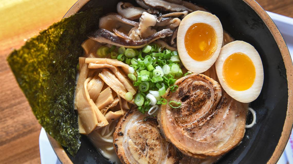 Tonkotsu ramen is one of the popular entrees on the menu at Ramen Hayashi, a fast-casual restaurant with locations in Fresno and Clovis. Tonkotsu has pork chasu, soft boiled egg, bamboo, wood ear mushroom, green onion and nori (seaweed) over thin noodles.