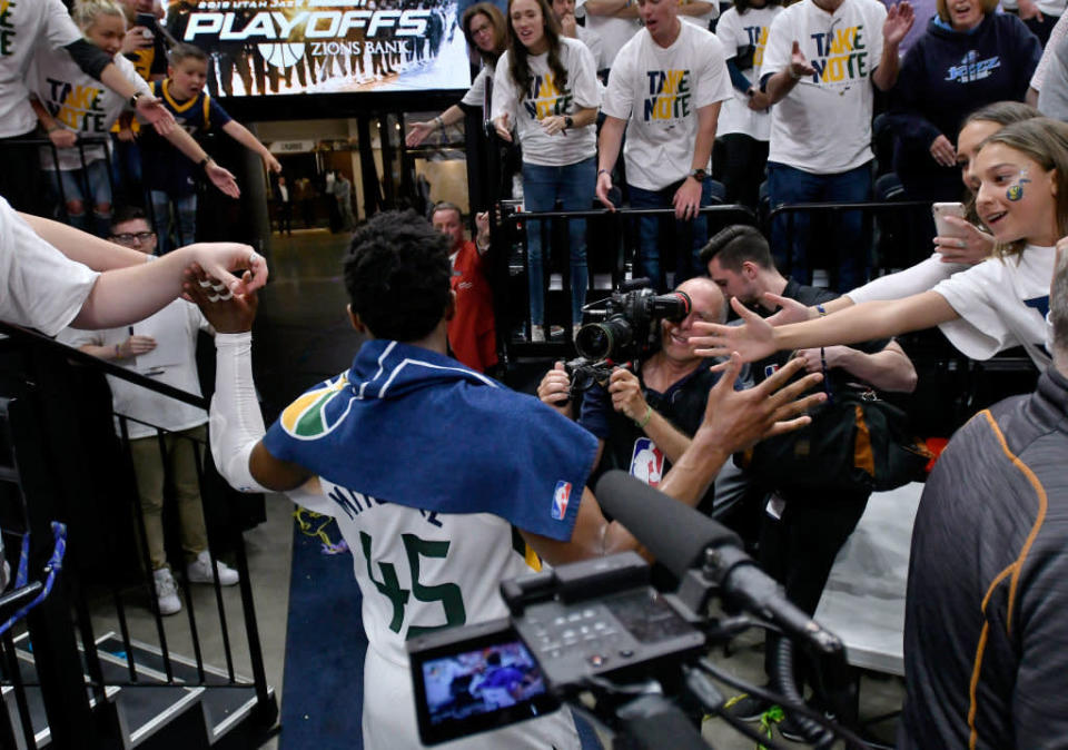 Jazz fans shower Donovan Mitchell with praise after Monday's victory over the Rockets. (Getty Images)