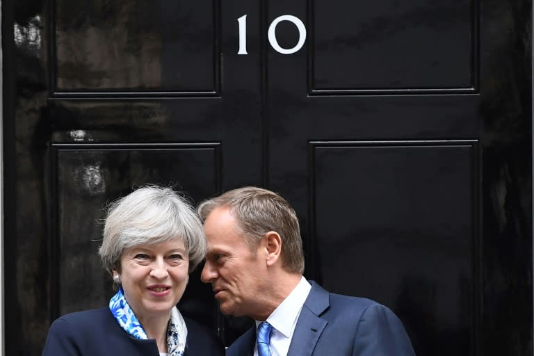 British Prime Minister Theresa May held talks with European Council President Donald Tusk in London, on April 6, 2017