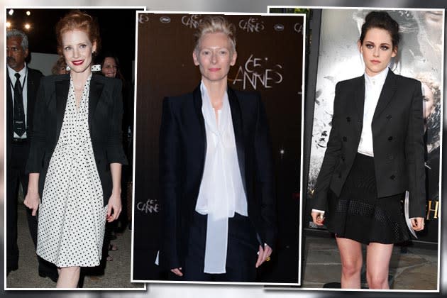 Jessica Chastain, Tilda Swinton und Kristen Stewart (v.l.n.r.) haben den perfekten Blazer gefunden! (Bilder: Getty Images)