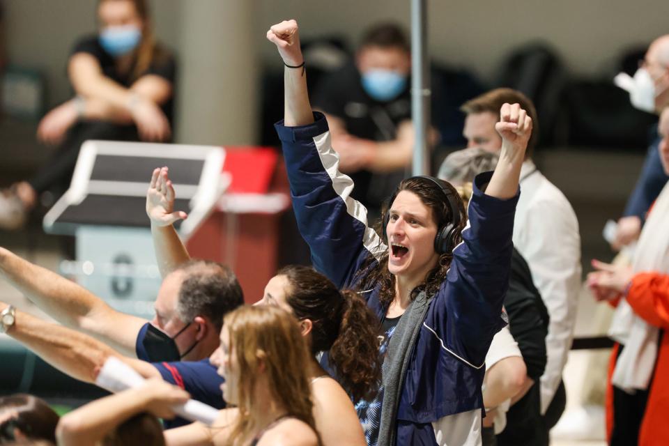 Feb 19, 2022; Cambridge, MA, USA; Lia Thomas of University of Pennsylvania cheers on a teammate at the Women’s Ivy League Swimming and Diving Championships at Harvard University.