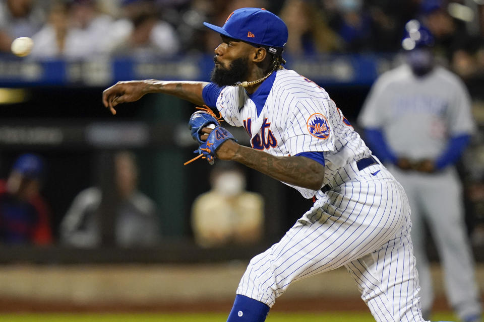 New York Mets' Miguel Castro delivers a pitch during the seventh inning of a baseball game against the Chicago Cubs Wednesday, June 16, 2021, in New York. (AP Photo/Frank Franklin II)