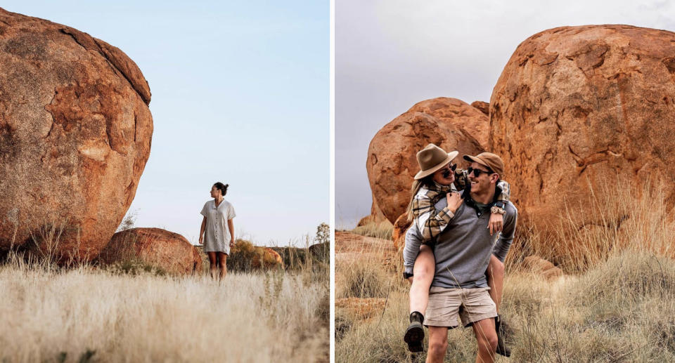 A woman in front of at Karlu Karlu, the Devils Marbles Conservation Reserve (left) and a couple (right). 