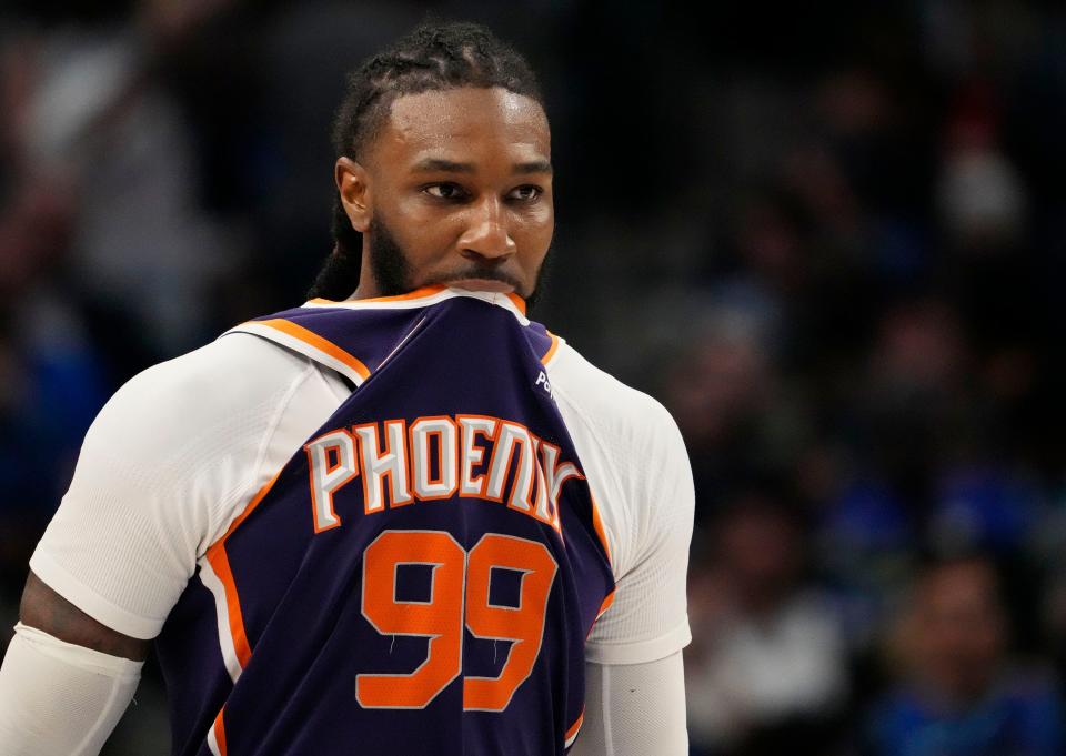 May 6, 2022; Dallas, Texas, USA; Phoenix Suns forward Jae Crowder (99) reacts during their loss to the Dallas Mavericks during game three of the second round for the 2022 NBA playoffs at American Airlines Center.