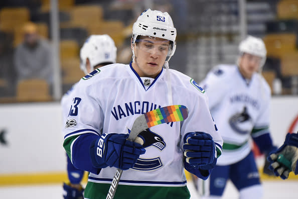 BOSTON, MA - FEBRUARY 11: Bo Horvat #53 of the Vancouver Canucks skates during warm ups with rainbow colors tape to support the You Can Play campaign before the game against the Boston Bruins at the TD Garden on February 11, 2017 in Boston, Massachusetts. (Photo by Brian Babineau/NHLI via Getty Images)