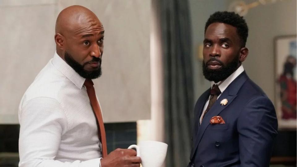 Adrian Holmes as Philip Banks and Jimmy Akingbola as Geoffrey in Season 3 of "Bel-Air" (Peacock)