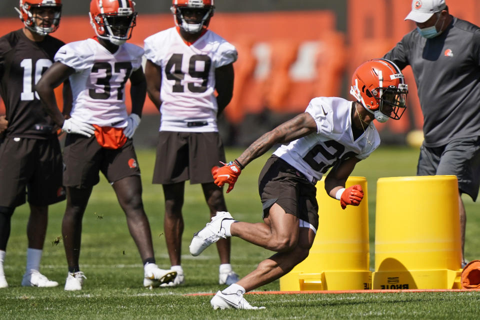 Cleveland Browns cornerback Greg Newsome II runs a drill during an NFL football rookie minicamp at the team's training camp facility, Friday, May 14, 2021, in Berea, Ohio. (AP Photo/Tony Dejak)