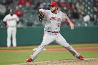 Cincinnati Reds starting pitcher Wade Miley delivers in the sixth inning of a baseball game against the Cleveland Indians, Friday, May 7, 2021, in Cleveland. (AP Photo/Tony Dejak)