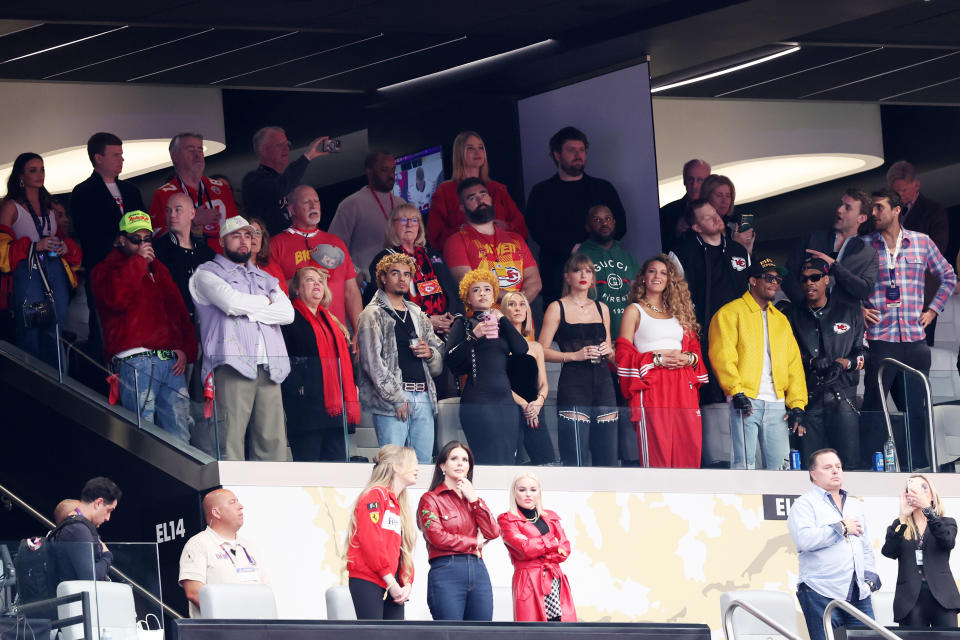 LAS VEGAS, NEVADA - FEBRUARY 11: Singer Taylor Swift and Actress Blake Lively look on prior to Super Bowl LVIII between the San Francisco 49ers and Kansas City Chiefs at Allegiant Stadium on February 11, 2024 in Las Vegas, Nevada. (Photo by Steph Chambers/Getty Images)