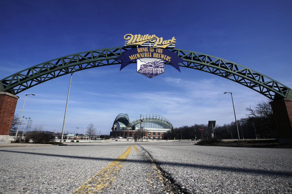 FILE - In this March 24, 2020, file photo, Miller Park is seen in Milwaukee. The Brewers were supposed to host Opening Day on Thursday, March 26, 2020, but the season start was postponed by Major League Baseball because of the coronoavirus pandemic. (AP Photo/Morry Gash, File)