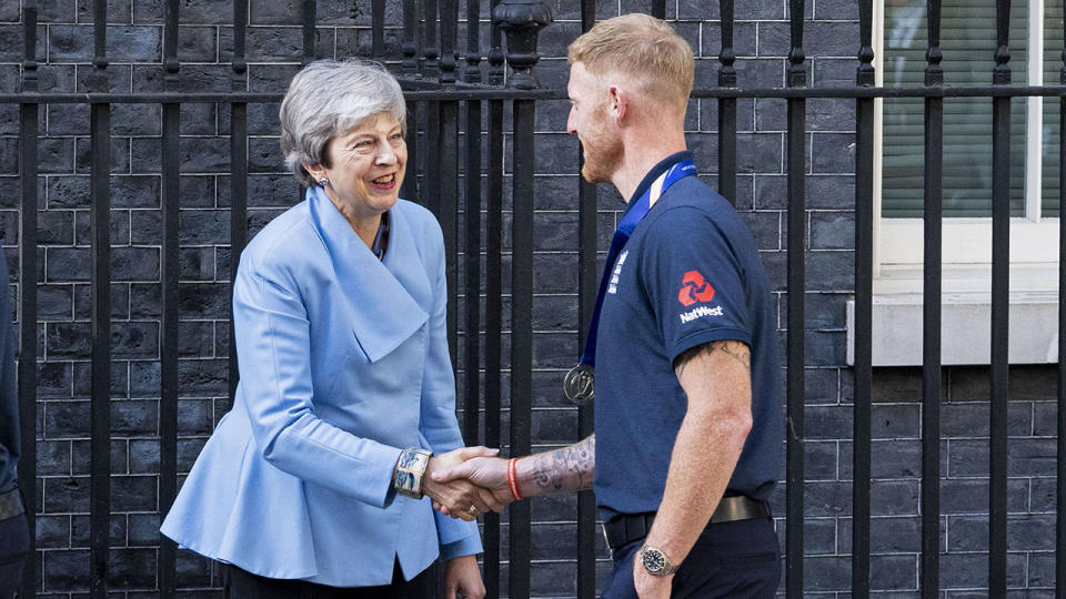 British PM Theresa May meets England allrounder Ben Stokes. Pic: Getty